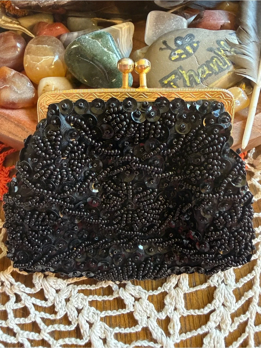 Vintage 1960s JEM Black Beaded Sequin Kiss Lock Coin Purse